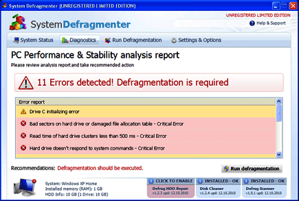 'System Defragmenter' Malware Screen Shot of System Defragmenter