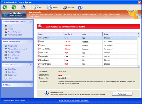 Windows Multi Control System Scanner Fake Antivirus