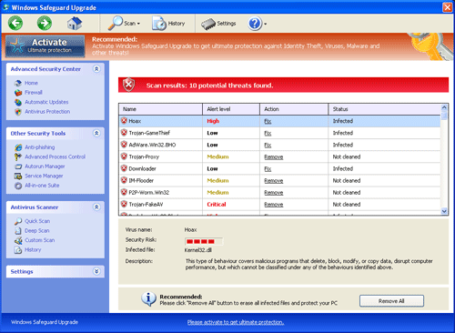 Screenshot of Windows Safeguard Upgrade Scanner of a Rogue Program