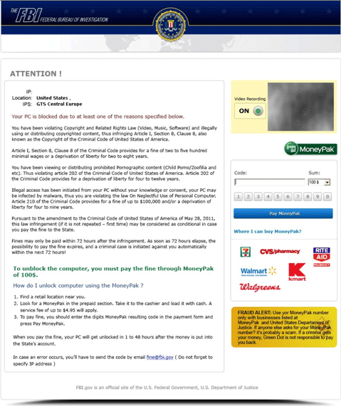 FBI PC Lock Scam Screenshot of FBI Winlocker Trojan