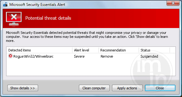 Rogue Win32/Winwebsec Rogue Win32/Winwebsec Alert