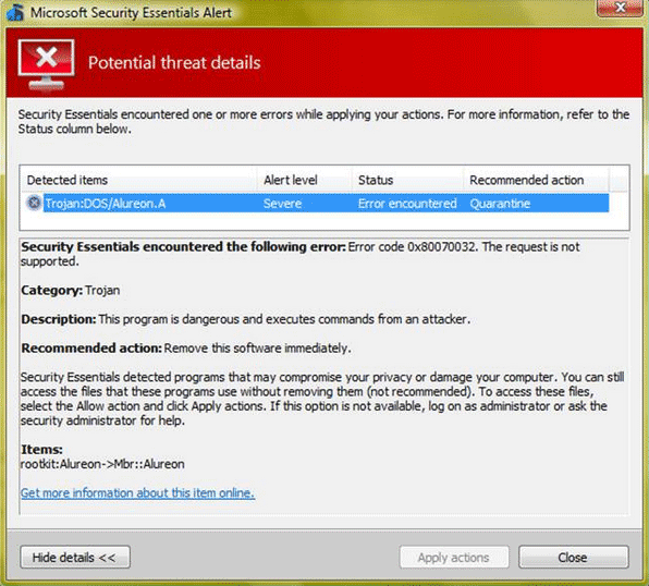 Trojan:DOS/Alureon.A Trojan:DOS/Alureon.A Detected by MSE