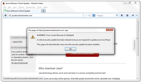 'WARNING: Your Current Browser Is Outdated' java-update-fake