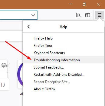 Troubleshooting Information option in Firefox