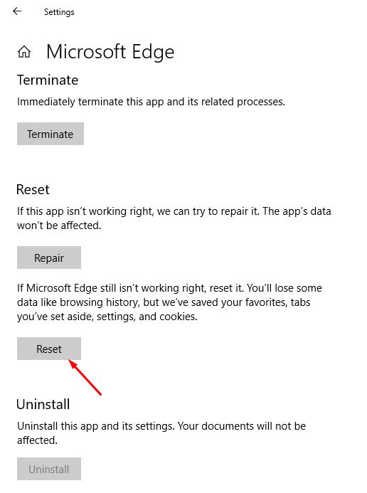 Microsoft Edge Reset Settings