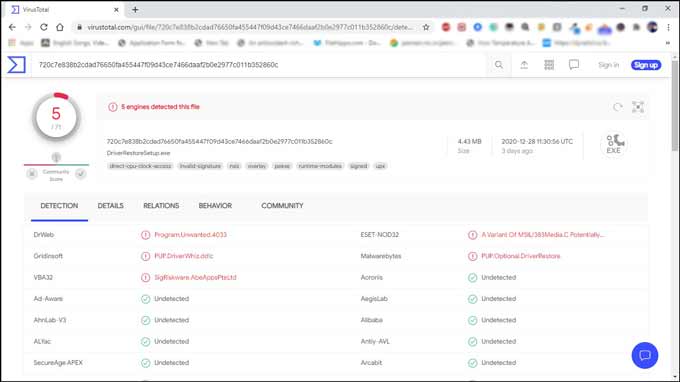 Driver Restore VirusTotal